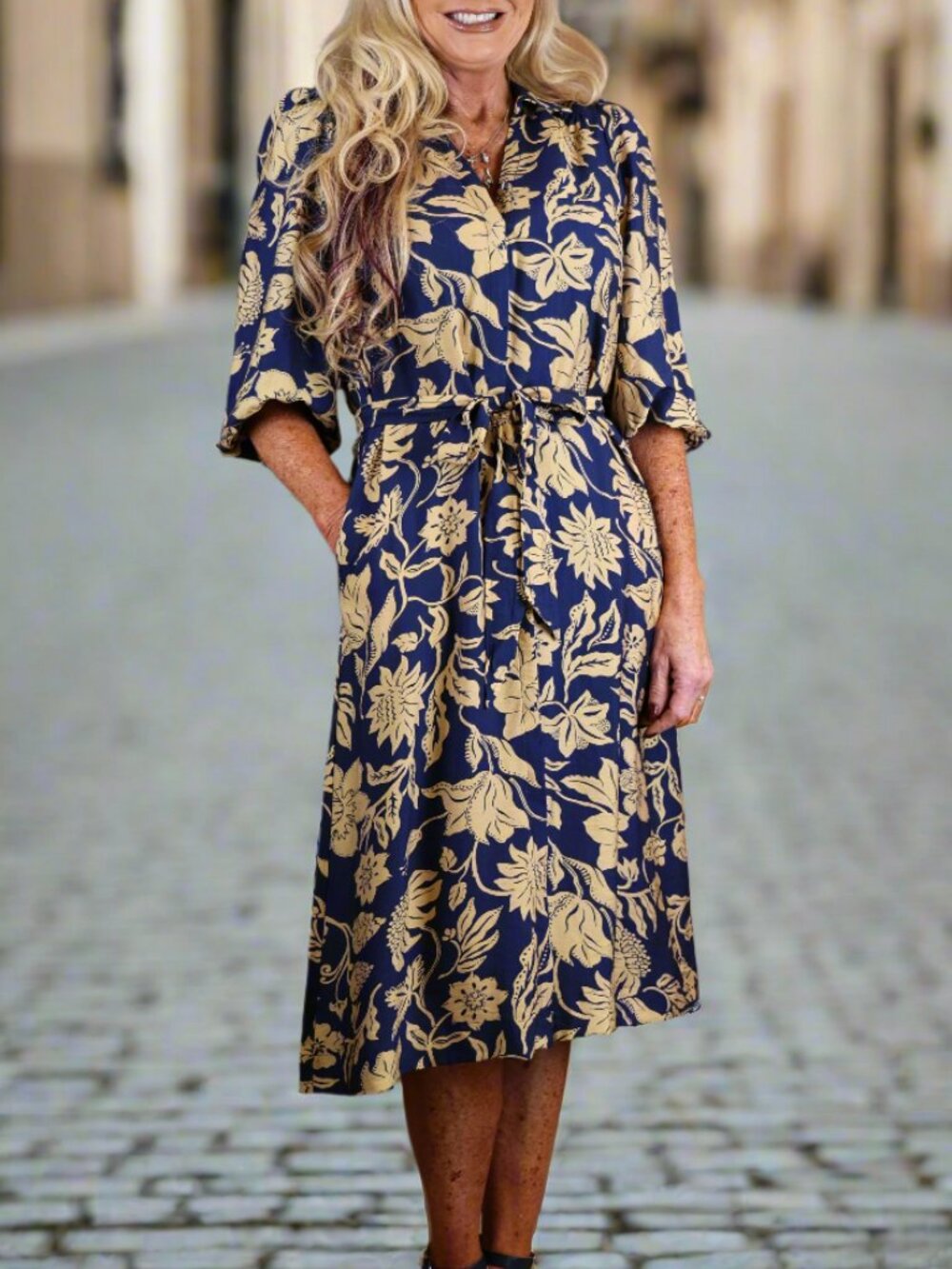 NWT Umgee Navy Mix Floral Print Midi Dress with Waist Tie